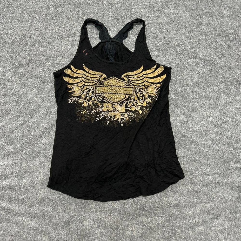 Harley-Davidson Tank Top Womens Size M Black Gold Wing Lace Racerback Rhinestone